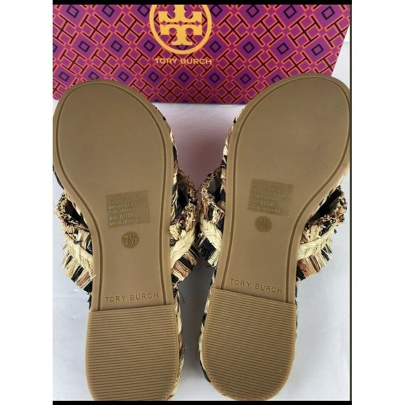 Tory Burch Raffia Flat Sandal Black/Aged Camello/Natural) Size 5 MSRP $228 - Picture 5 of 6